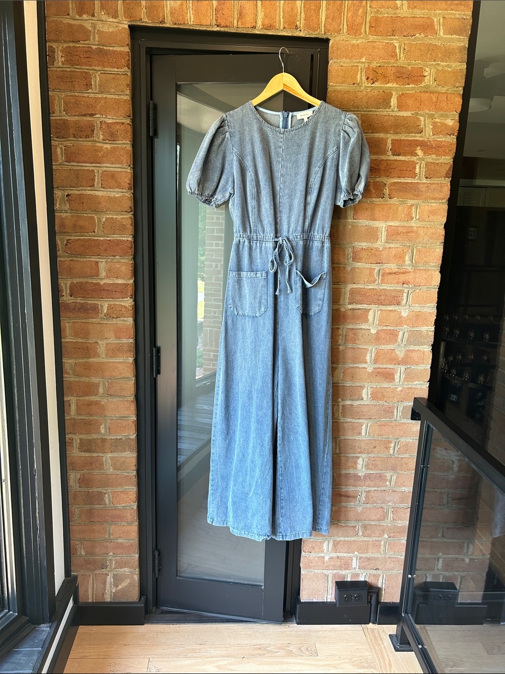 bohme Gray Denim Jumpsuit with Light Blue Trim - Picture 3 of 5